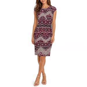 Jones Studio Separates Burgundy Ikat Geometric Cap Sleeve Midi Sheath Dress M